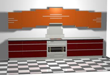 Art Deco new Stepped fitted kitchen design in dramatic cherry red & terracotta