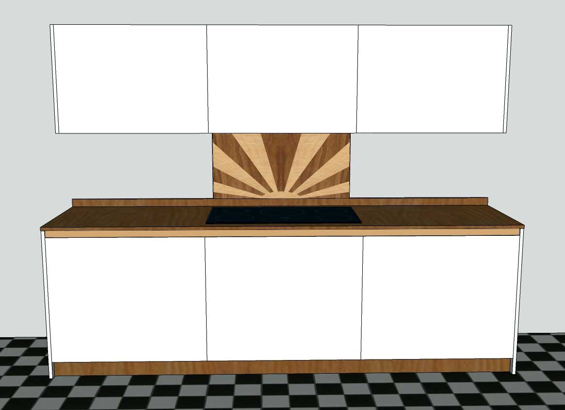 new Art Deco fitted kitchen with rising sun design marquetry wood veneered splashback