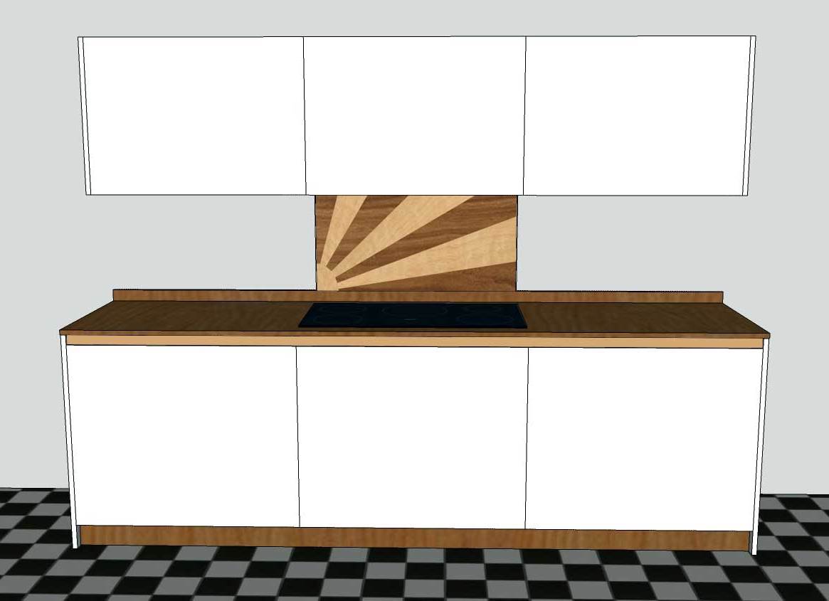 new Art Deco fitted kitchen with rising sun design marquetry wood veneered splashback