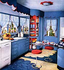 kitchen blue painted with tall Lazy Susan corner unit, from 1940's 