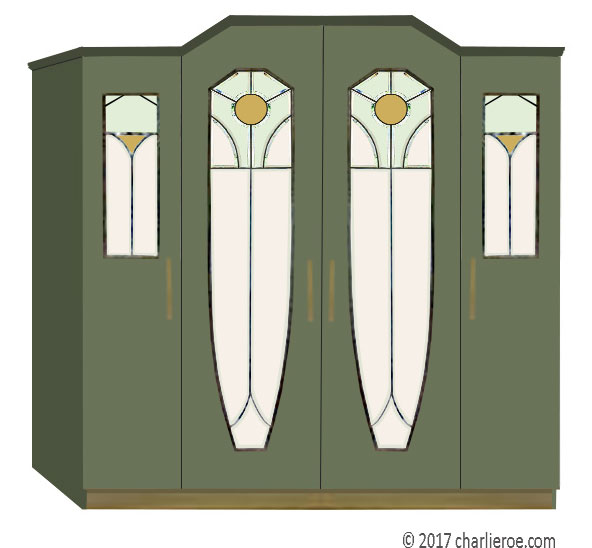 new Jugendstil Art Nouveau 4 door painted wardrobe with stained glass panels