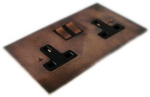 Arts & Crafts Movement triple Dolly electric switch on antiqued brass backplate