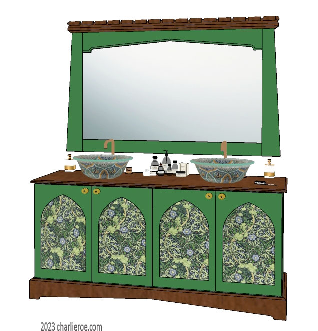 Wm Morris Arts & Crafts Movement painted & wood 4 door bathroom vanity unit with twin basins and matching wall mirror