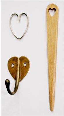 CFA Voysey Arts & Crafts Movement Heart keyring, heart coat hook & oak letter opener