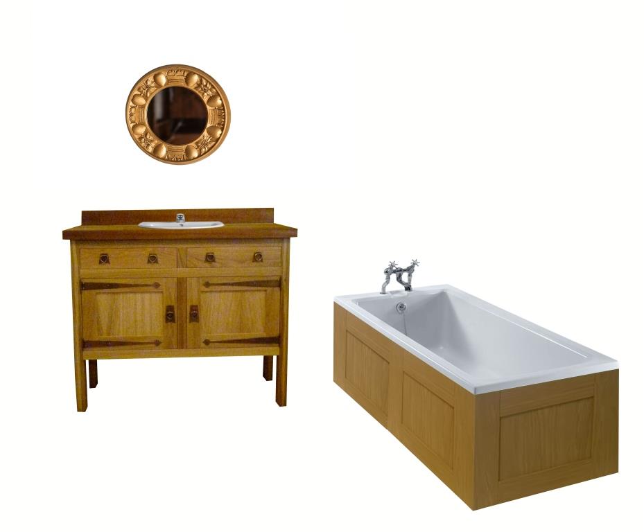 CFA Voysey Arts & Crafts Movement Oak bathroom vanity unit & mirror wall unit & built-in bath furniture