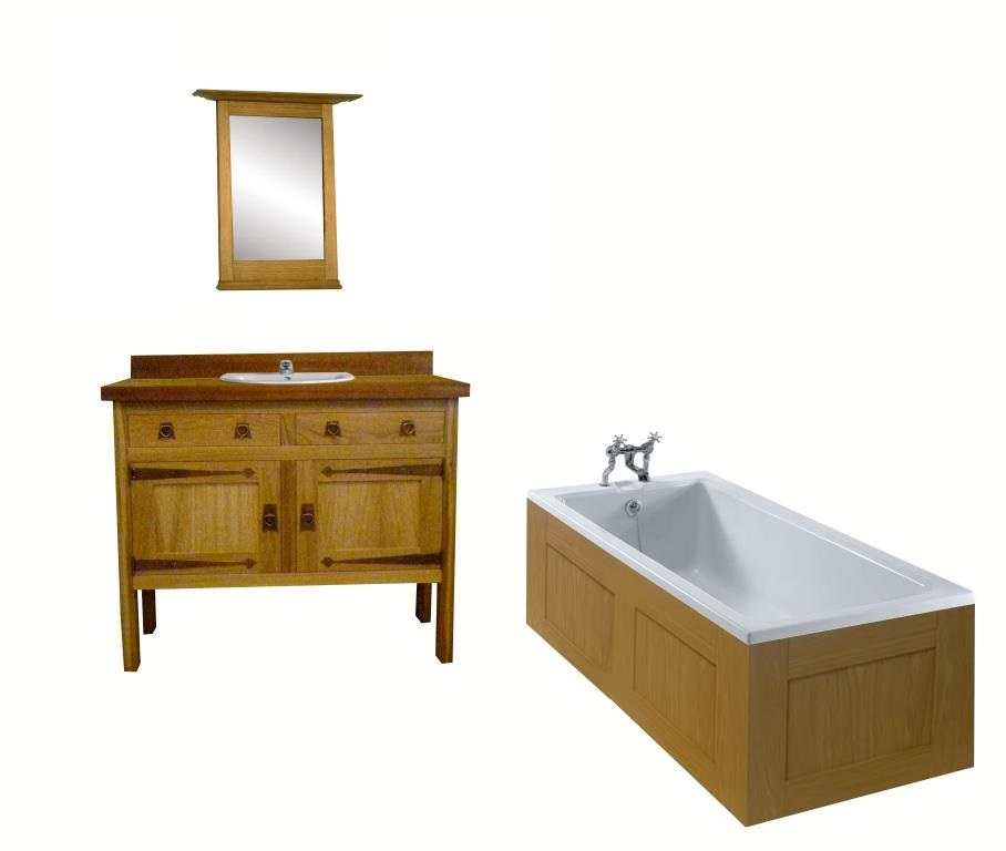 CFA Voysey Arts & Crafts Movement Oak bathroom vanity unit & mirror wall unit & built-in bath furniture