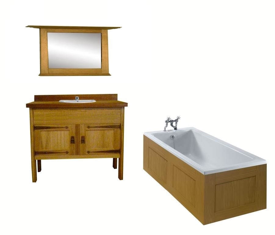 CFA Voysey Arts & Crafts Movement Oak bathroom vanity unit & mirror wall unit & built-in bath furniture