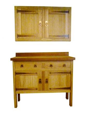 CFA Voysey Arts & Crafts Movement Oak bathroom vanity unit & mirror wall unit & built-in bath furniture