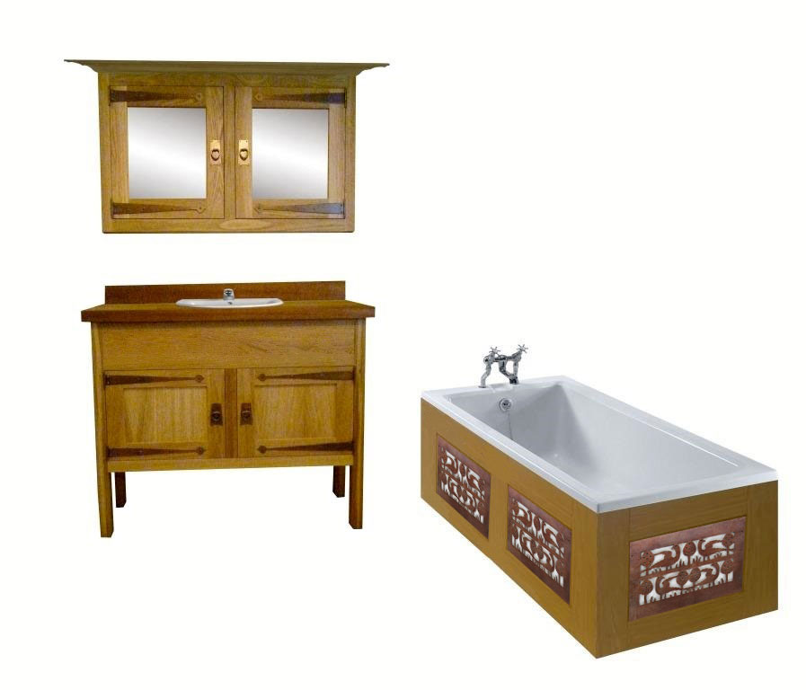 CFA Voysey Arts & Crafts Movement Oak bathroom vanity unit with 'Bird' air vent panel designs & mirror wall unit & built-in bath furniture