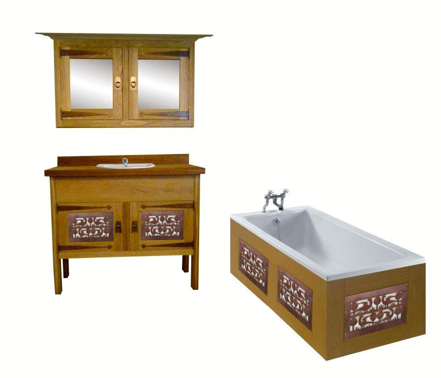 CFA Voysey Arts & Crafts Movement Oak bathroom vanity unit  with 'Bird' air vent panel designs & mirror wall unit & built-in bath furniture