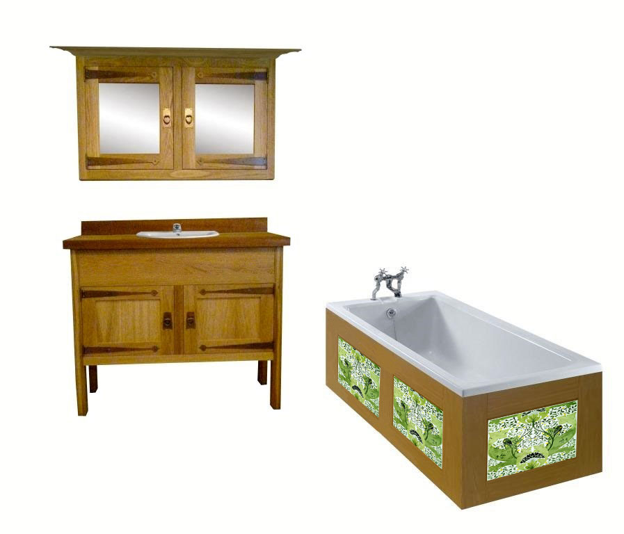 CFA Voysey Arts & Crafts Movement Oak bathroom vanity unit & mirror wall unit & built-in bath furniture
