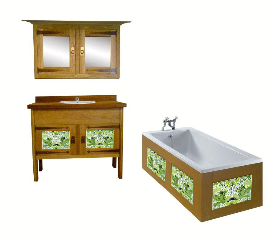 CFA Voysey Arts & Crafts Movement Oak bathroom vanity unit & mirror wall unit & built-in bath furniture