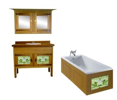 CFA Voysey Arts & Crafts Movement Oak bathroom vanity unit & mirror wall unit & built-in bath furniture
