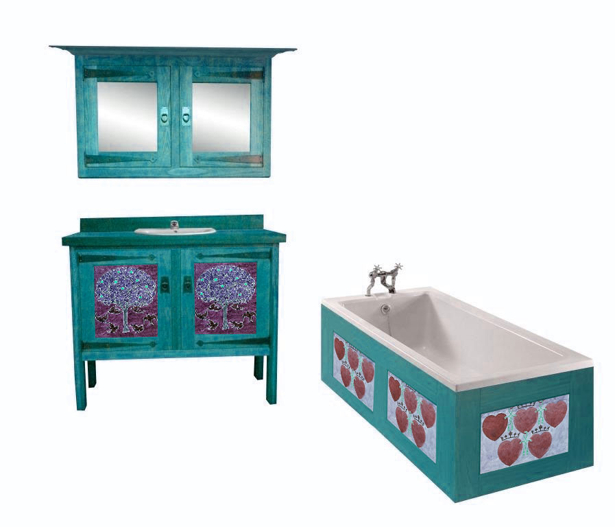 CFA Voysey Arts & Crafts Movement painted bathroom vanity unit with decorative panels & mirror wall unit & built-in bath furniture