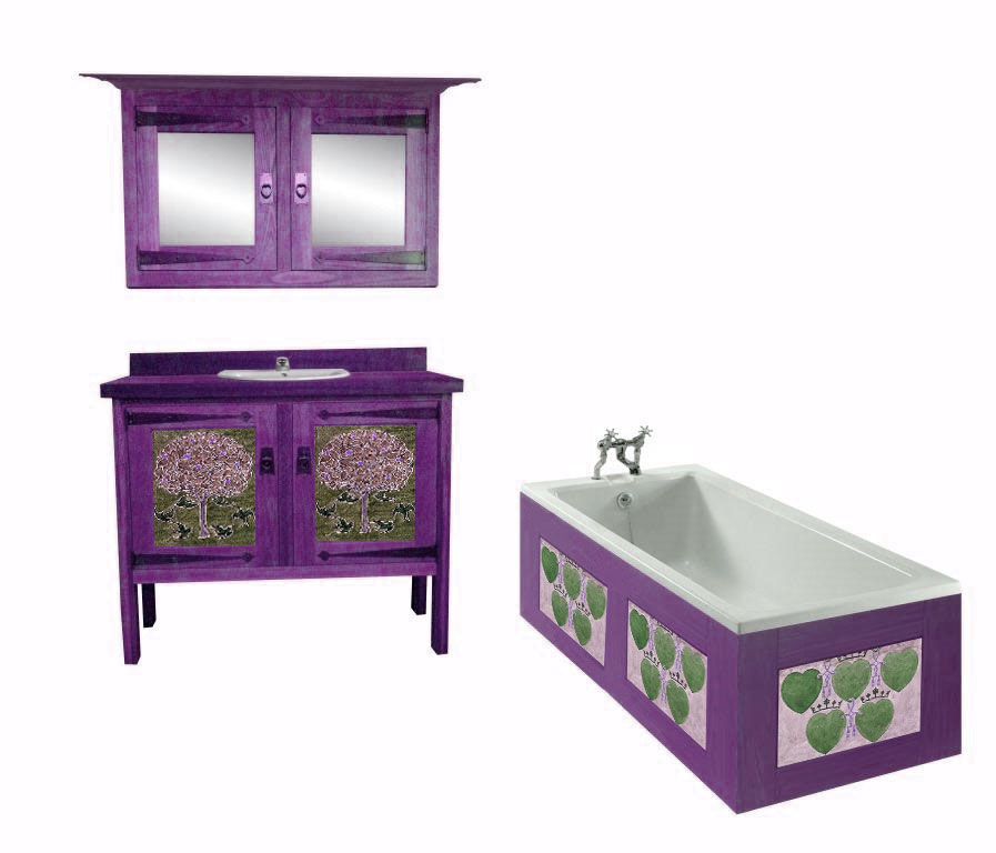 CFA Voysey Arts & Crafts Movement painted bathroom vanity unit with decorative panels & mirror wall unit & built-in bath furniture
