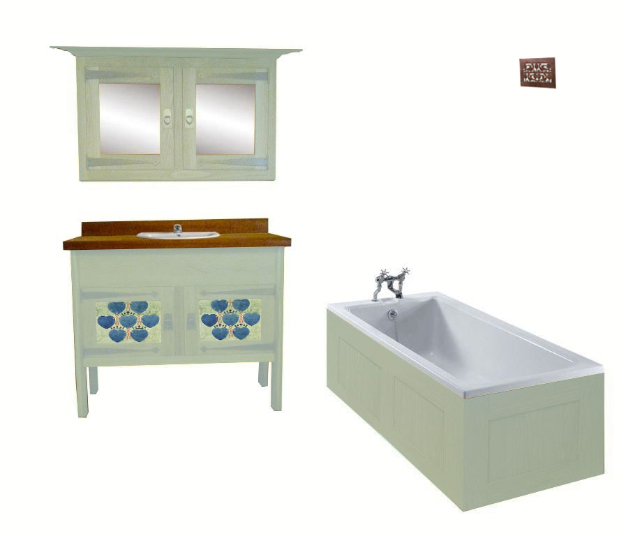 CFA Voysey Arts & Crafts Movement painted bathroom vanity unit with decorative panels & mirror wall unit & built-in bath furniture