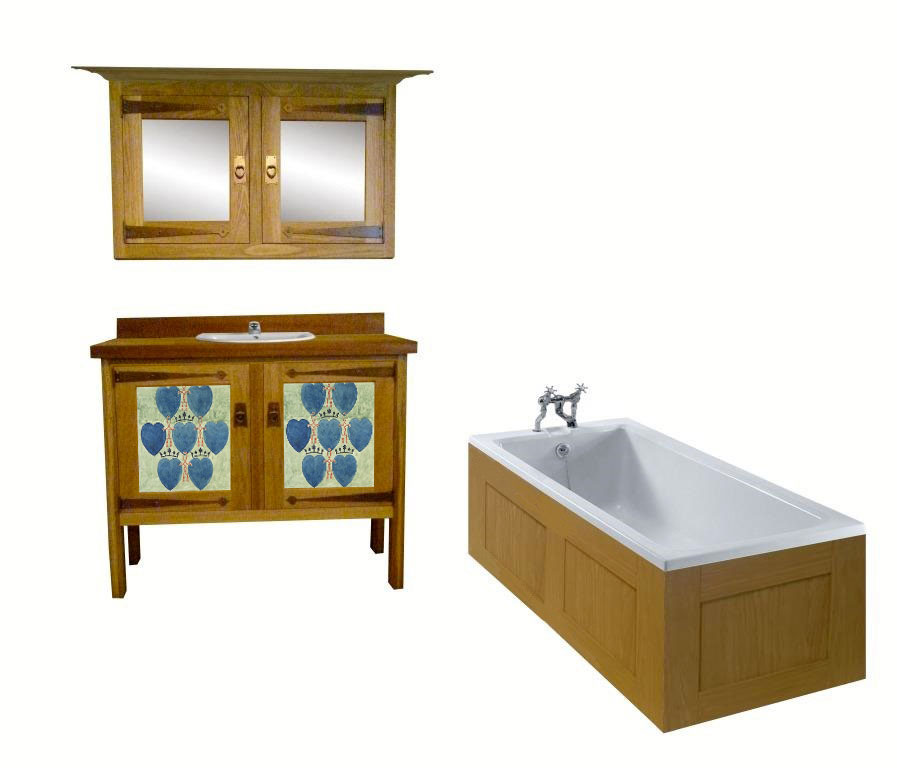 CFA Voysey Arts & Crafts Movement Oak bathroom vanity unit  with 'Bird' air vent panel designs & mirror wall unit & built-in bath furniture