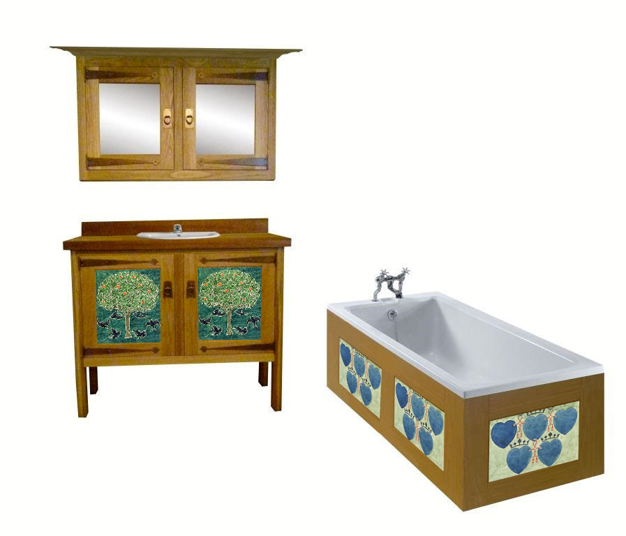 CFA Voysey Arts & Crafts Movement Oak bathroom vanity unit  with 'Bird' air vent panel designs & mirror wall unit & built-in bath furniture