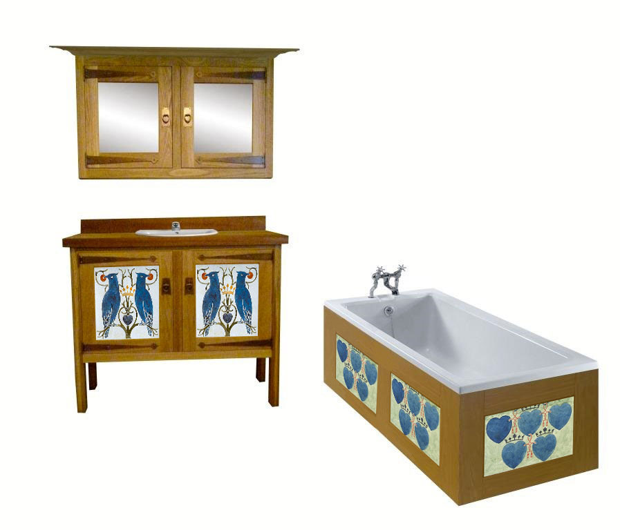 CFA Voysey Arts & Crafts Movement Oak bathroom vanity unit  with 'Bird' air vent panel designs & mirror wall unit & built-in bath furniture
