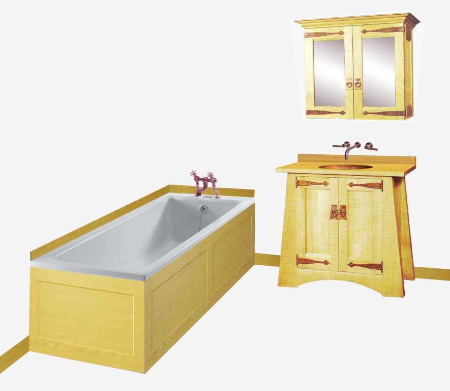 CFA Voysey Arts & Crafts Movement Oak bathroom vanity unit & mirror wall unit & built-in bath furniture