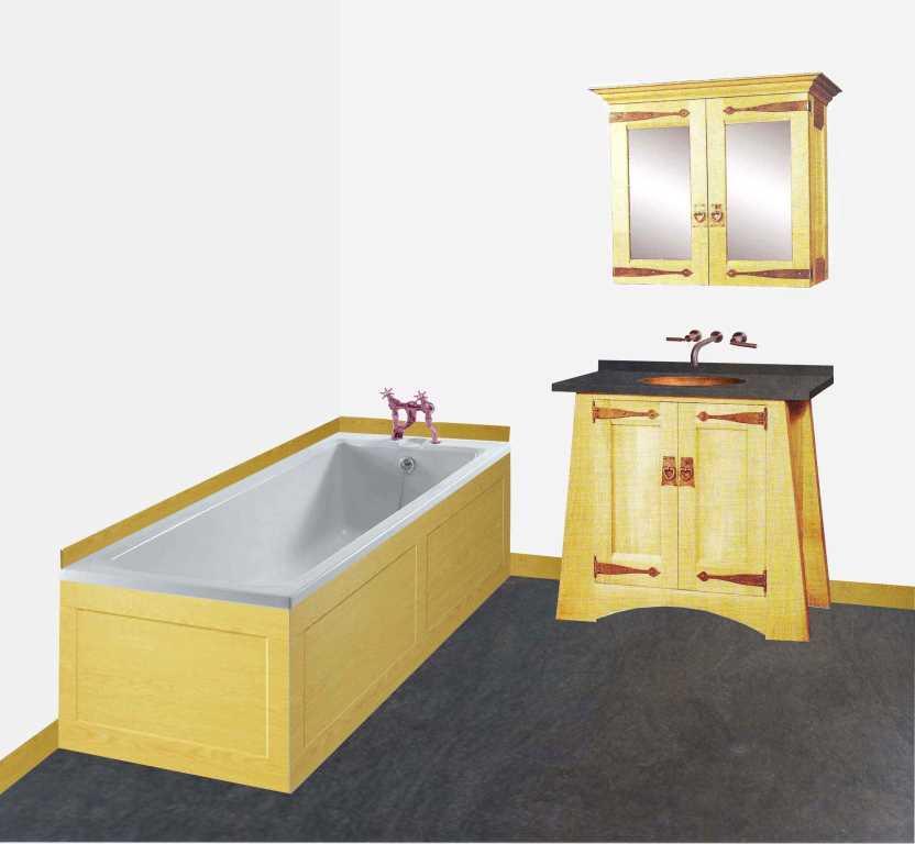 CFA Voysey Arts & Crafts Movement Oak bathroom vanity unit with  slate worktop & mirror wall unit & built-in bath furniture