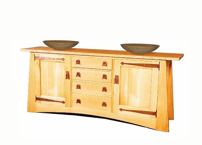 CFA Voysey Arts & Crafts Movement Oak bathroom double vanity unit furniture with sit on bowls