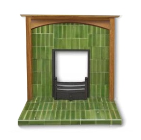 new reproduction CFA Voysey bedroom green tiled fireplace surround