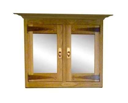 CFA Voysey Arts and Crafts Movement Oak 2 mirrored door wall cupboard unit with heart handles & copper strap hinges