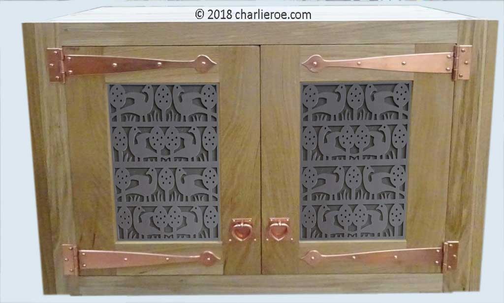 new CFA Voysey Arts & Crafts Movement Oak wall cupboard unit with birds grill door panel
