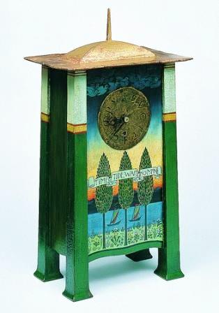 CFA Voysey Arts and Crafts Movement painted and gilded clock case furniture