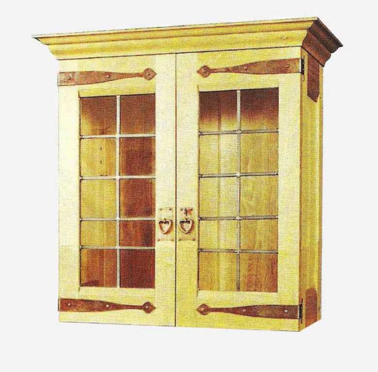 CFA Voysey Arts & Crafts Movement Oak 2 door wall cupboard unit with stained glass panels with long strap hinges & Heart handles