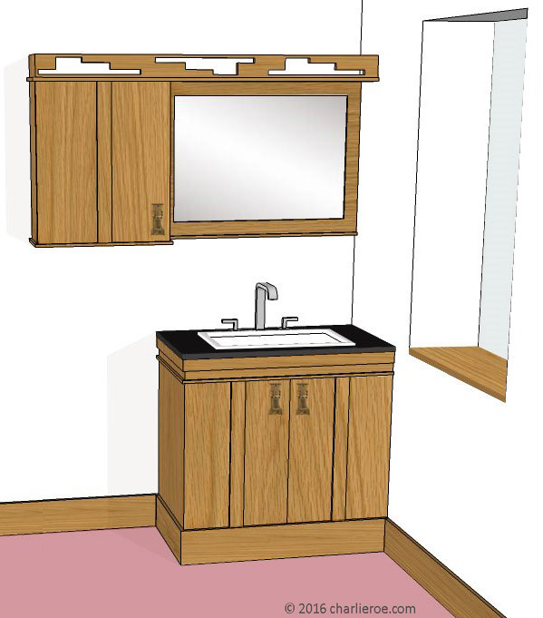 new Frank Lloyd Wright Prairie style Arts & Crafts Movement 2 door bathroom vanity unit with matching wall unit