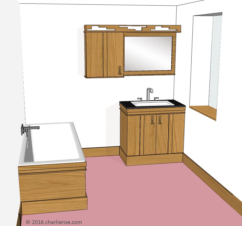 Frank Lloyd Wright Prairie style Arts & Crafts Movement oak vanity unit, wall mirror & wall cupboard