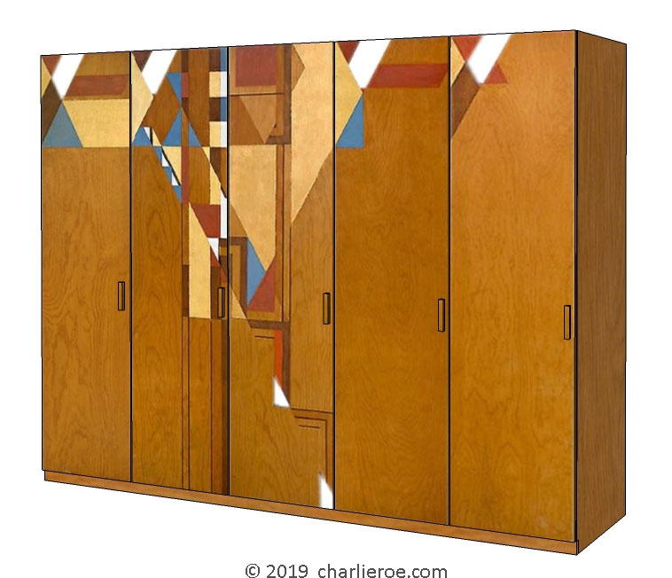 new Frank Lloyd Wright Arts & Crafts Movement Prairie Mission Usonian style wood bedroom wardrobes with abstract painted door designs