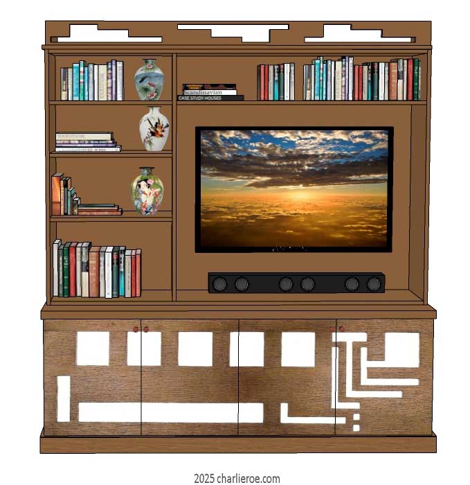 New Frank Lloyd Wright Prairie style painted & wooden bookcase with tall 2 door storage cupboards