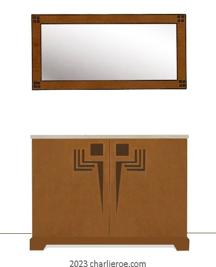 New Frank Lloyd Wright Arts & Crafts Prairie style painted 2 door cabinet sideboard with perforated doors designs and matching wall mirror