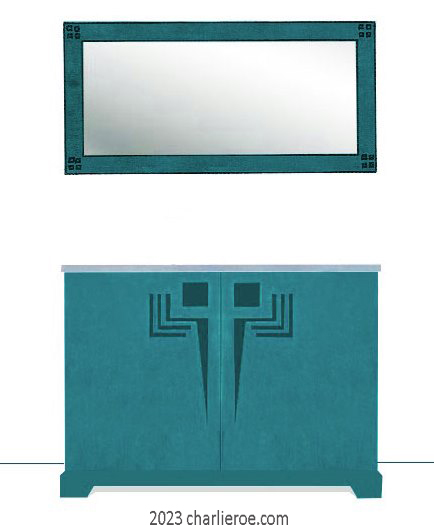 New Frank Lloyd Wright Arts & Crafts Prairie style painted 2 door cabinet sideboard with perforated doors designs and matching wall mirror