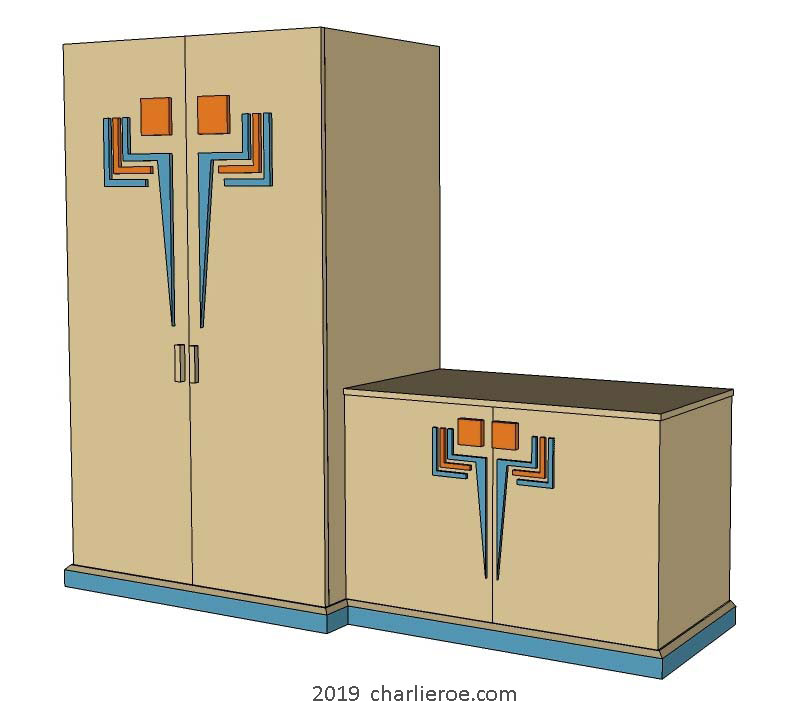 New Frank Lloyd Wright Arts & Crafts Prairie style painted 2 door cabinet sideboard and attached matching 2 door tall cupboard, both with perforated doors designs