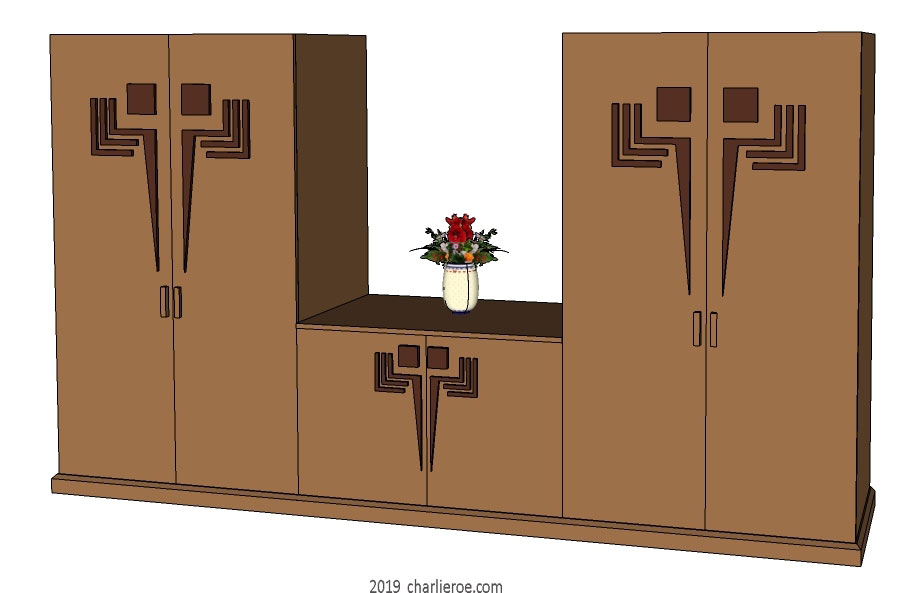 New Frank Lloyd Wright Arts & Crafts Prairie style painted 2 door cabinet sideboard and attached matching 2 tall cupboards, all with perforated doors designs