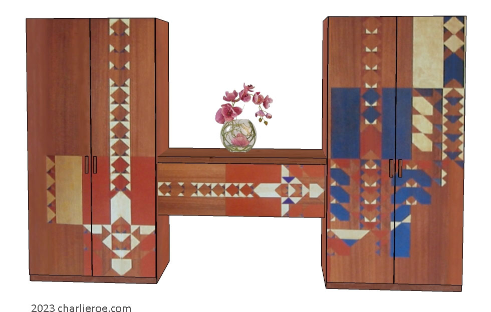New Frank Lloyd Wright Prairie style Arts & Crafts Movement pair or 2 door tall wardrobes or storages cupboards with sideboard or console table in between in a painted wood finish
