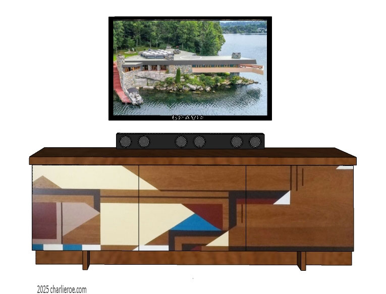 New Frank Lloyd Wright Gene Masselink Prairie style Arts & Crafts Movement 3 door sideboard, cabinet or TV stand in a stained wood finish with painted geometric designs
