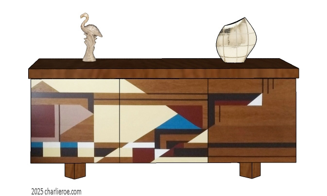 New Frank Lloyd Wright & Gene Masselink Prairie style Arts & Crafts Movement 3 door sideboard, cabinet or TV stand in stained wood finish with painted geometric designs
