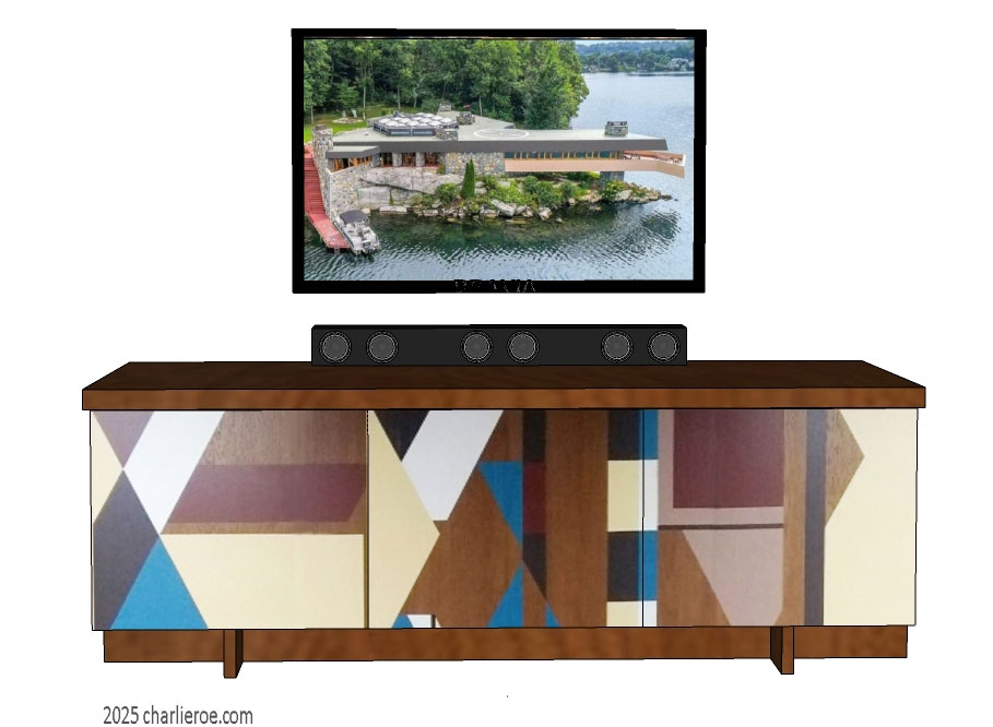 New Frank Lloyd Wright Gene Masselink Prairie style Arts & Crafts Movement 3 door sideboard, cabinet or TV stand in a stained wood finish with painted geometric designs