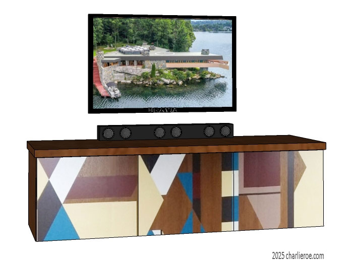 New Frank Lloyd Wright Gene Masselink Prairie style Arts & Crafts Movement 3 door sideboard, cabinet or TV stand in a stained wood finish with painted geometric designs