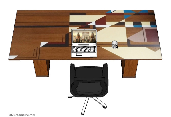 New Frank Lloyd Wright & Gene Masselink Arts & Crafts style home office desk with stained wood finish & painted painted geometric designs