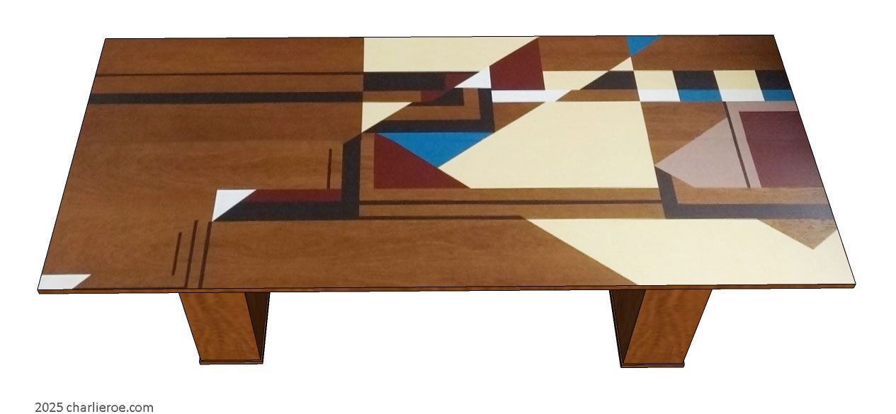 New Frank Lloyd Wright & Gene Masselink Arts & Crafts  style dining tables in wood finish with painted geometric designs