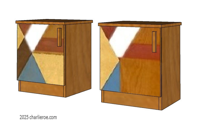 new Frank Lloyd Wright Arts & Crafts Movement Prairie Mission Usonian style wood matching bedside tables  with abstract painted door designs