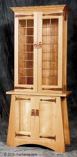 new C F A Voysey Oak Arts & Crafts Movement bookcase with stained leaded glass