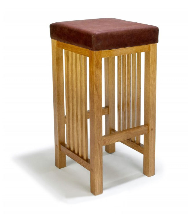 Arts & Crafts Movement Frank Lloyd Wright Mission Prairie style kitchen hi stool with leather seat furniture