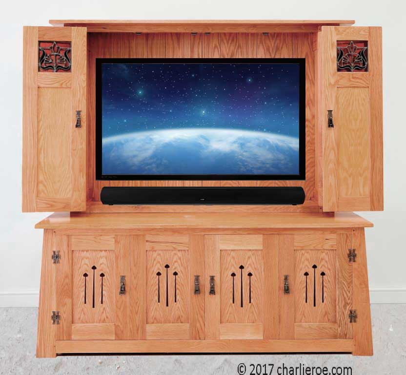 new Oak Arts & Crafts Movement Oak media unit with inlaid marquetry panels